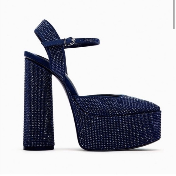Zara Rhinestone Covered Platform Block Heels With Ankle Strap Navy 7.5 NWOB - Picture 4 of 5